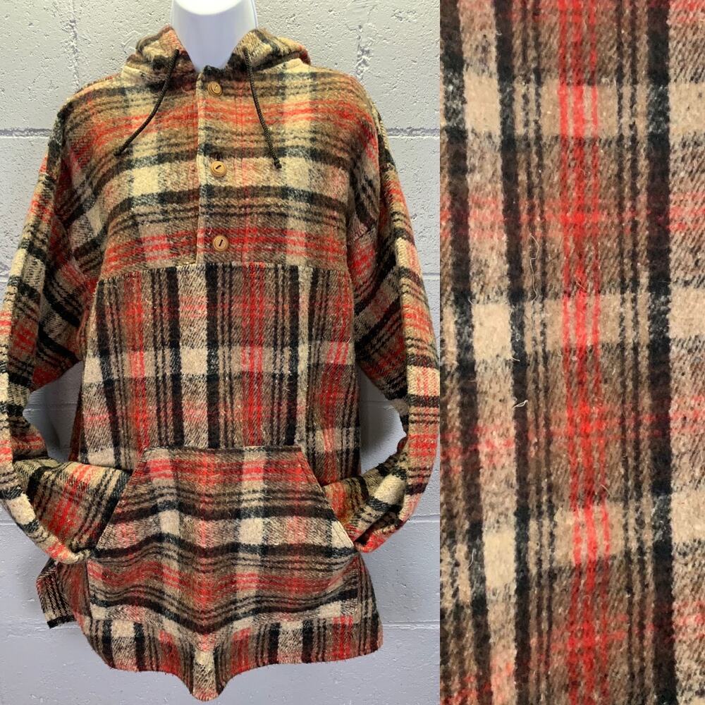 Vintage 1970s Mexican Oaxaca Woven Plaid Baja Hooded Poncho XL